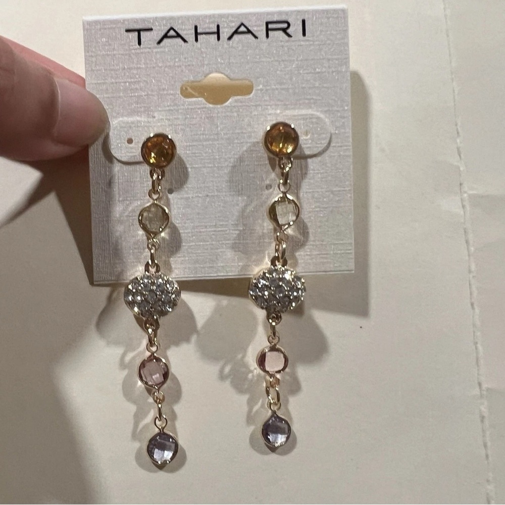 T Tahari Gold Tone Multi-Color Crystal Pave Dangle Drop Earrings new